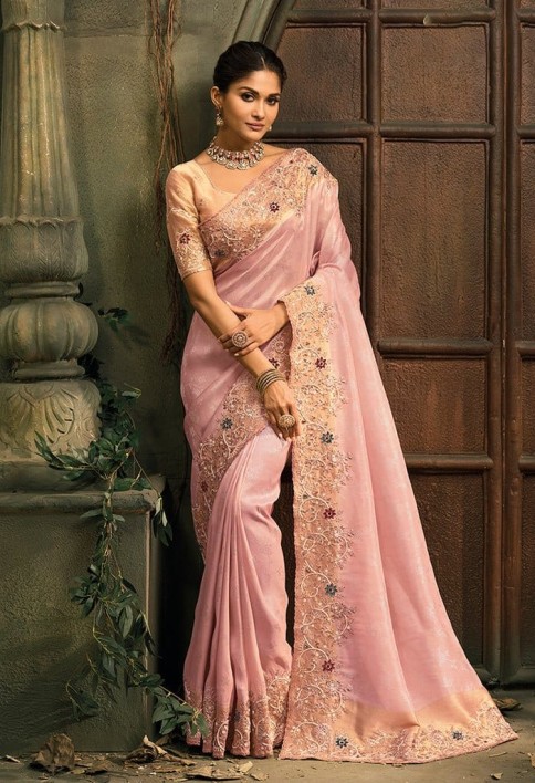 Rose Pink Handwork Pure Silk Designer Saree